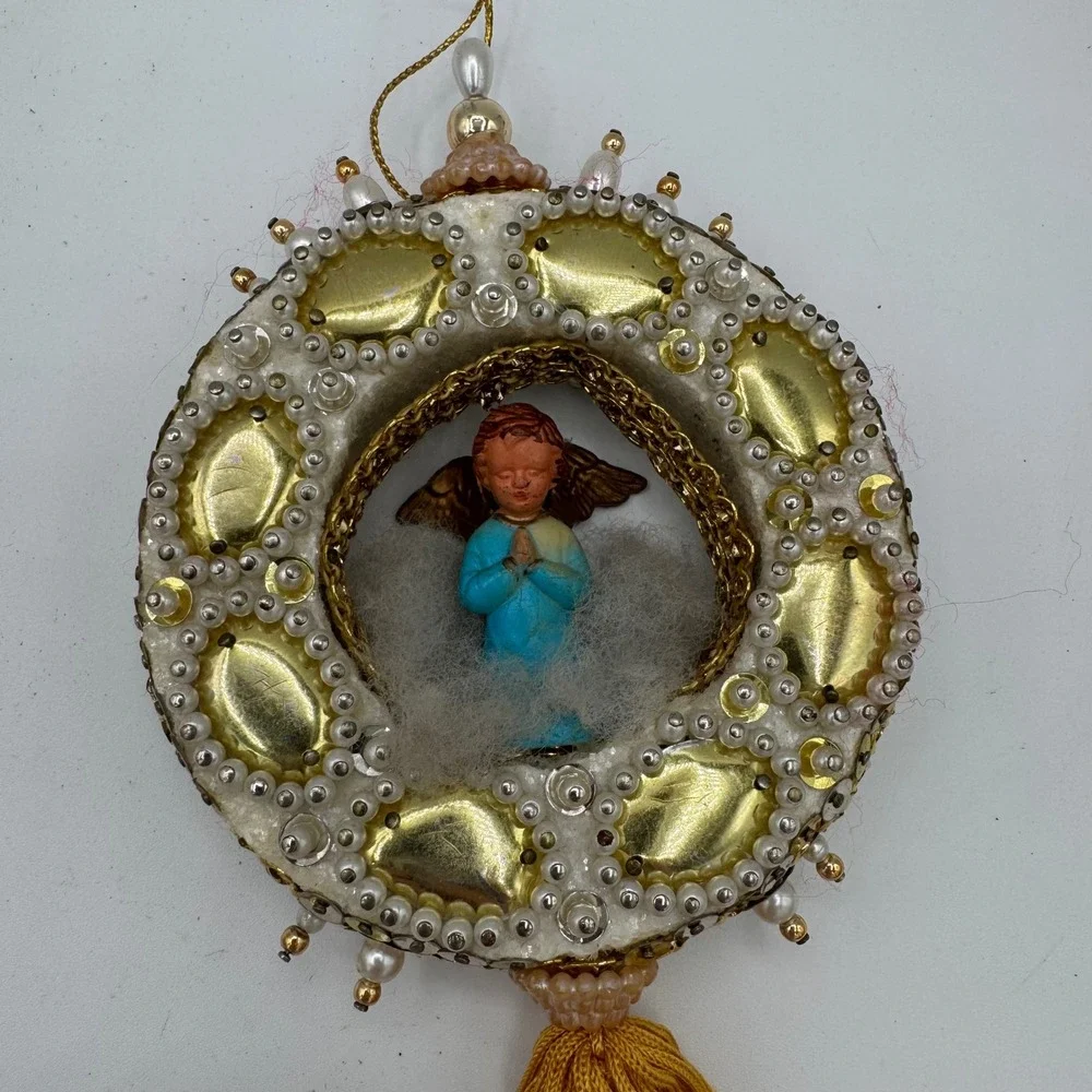 Vintage Handmade Diorama Angel Christmas Ornament Gold Pearl Tassel Mid Century